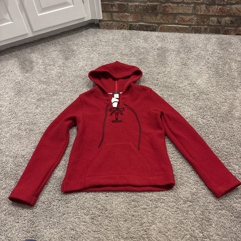 Womens J. Crew Red Virgin Wool Lace Up Pull Over Hoodie Side Zipper Large Hockey